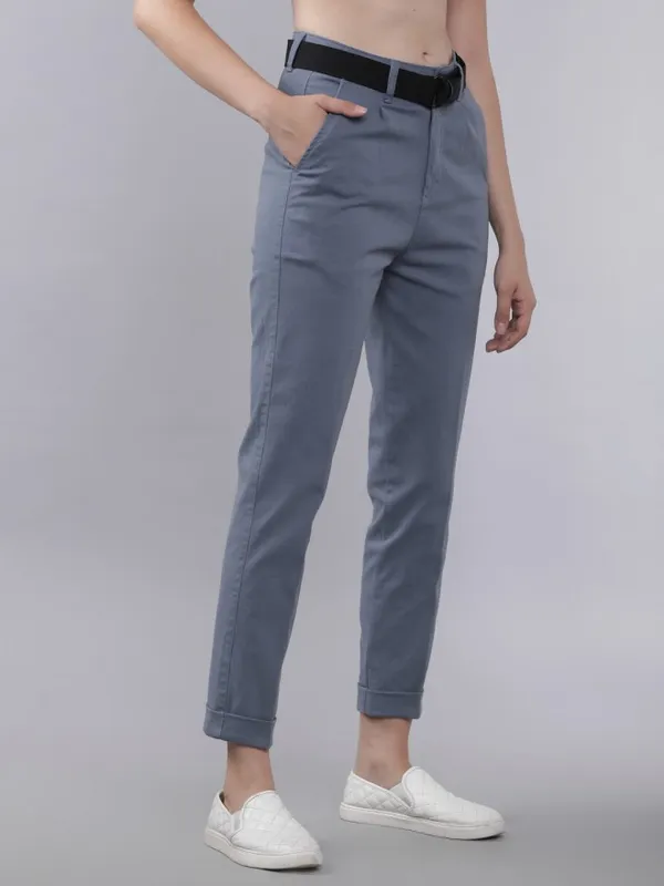  Tokyo Talkies Women Blue Solid Regular Fit Casual Trousers