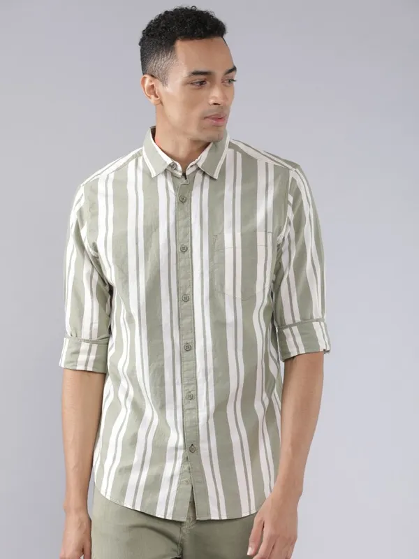  Highlander Men Olive Striped Slim Fit Casual Shirts