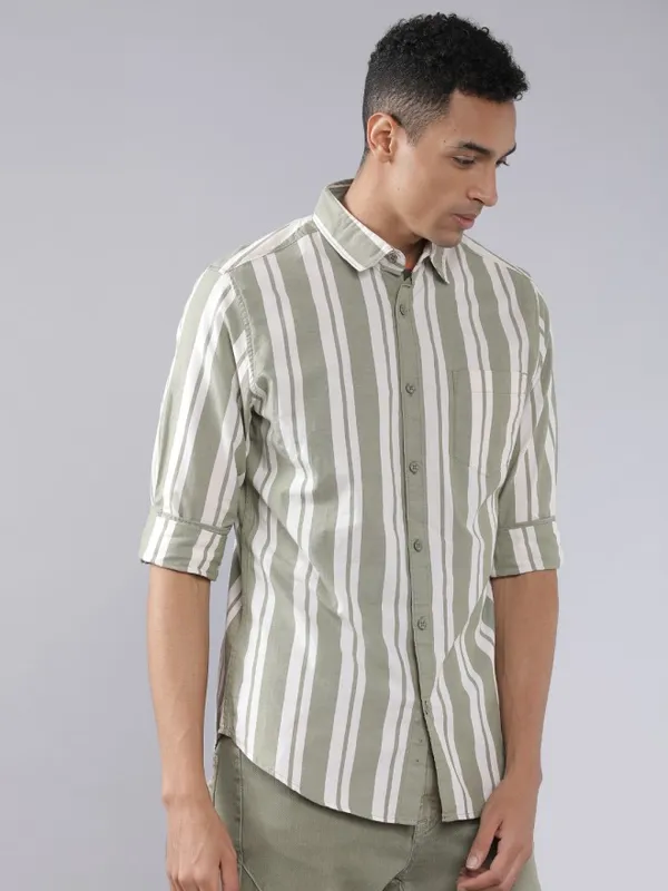  Highlander Men Olive Striped Slim Fit Casual Shirts