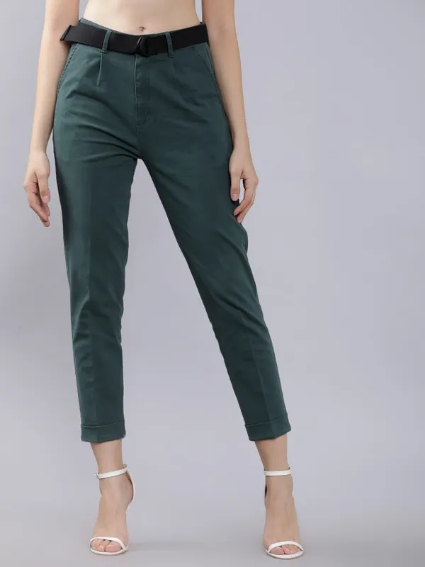  Tokyo Talkies Women Teal Solid Regular Fit Casual Trousers