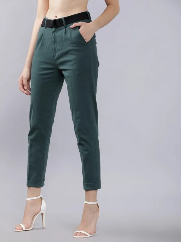  Tokyo Talkies Women Teal Solid Regular Fit Casual Trousers