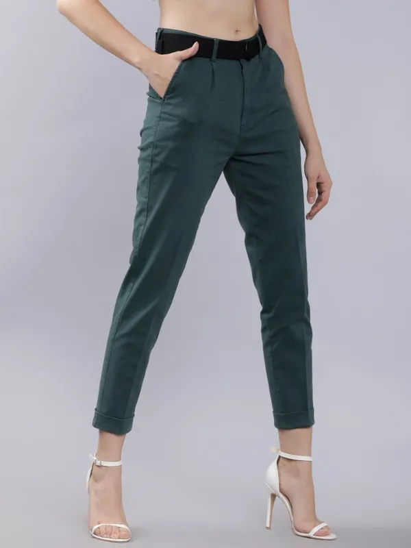  Tokyo Talkies Women Teal Solid Regular Fit Casual Trousers