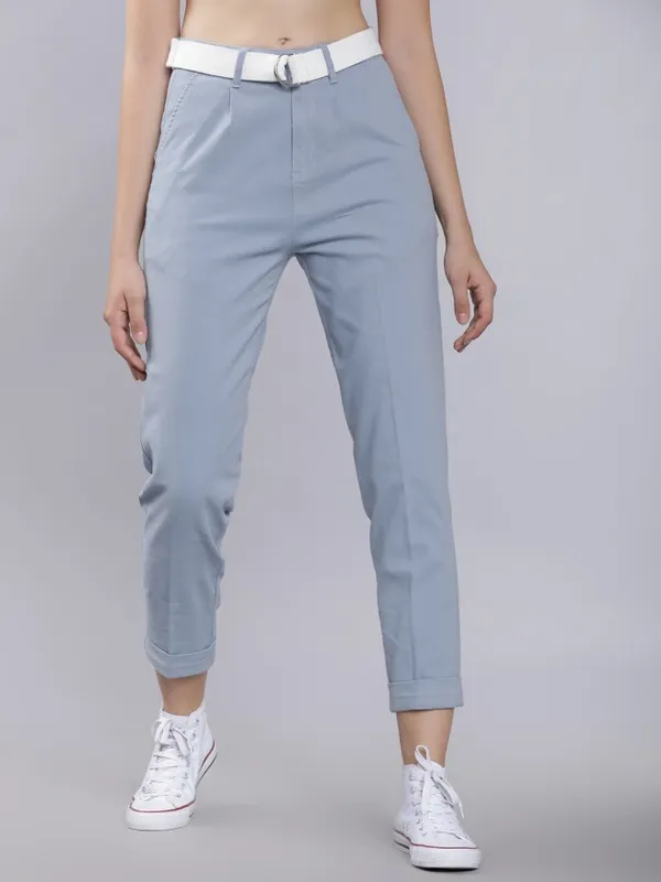  Tokyo Talkies Women Blue Solid Regular Fit Casual Trousers