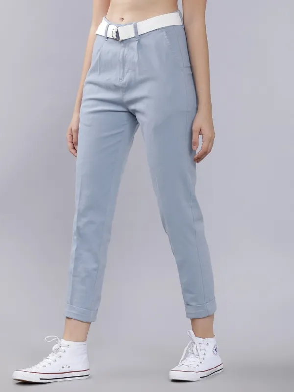  Tokyo Talkies Women Blue Solid Regular Fit Casual Trousers