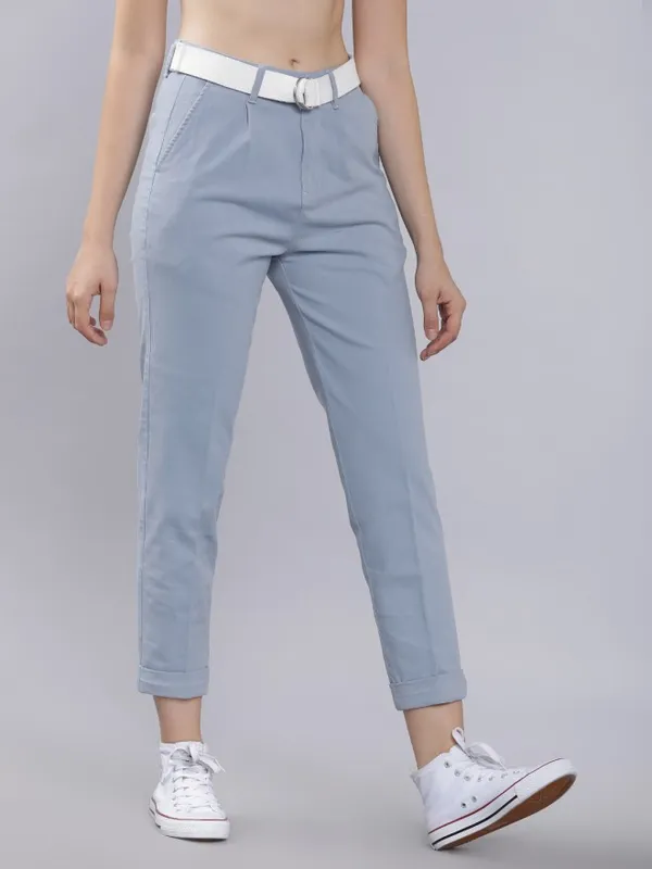  Tokyo Talkies Women Blue Solid Regular Fit Casual Trousers