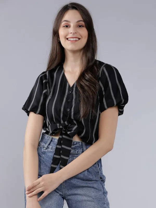  Tokyo Talkies Women Black Striped Regular Tops