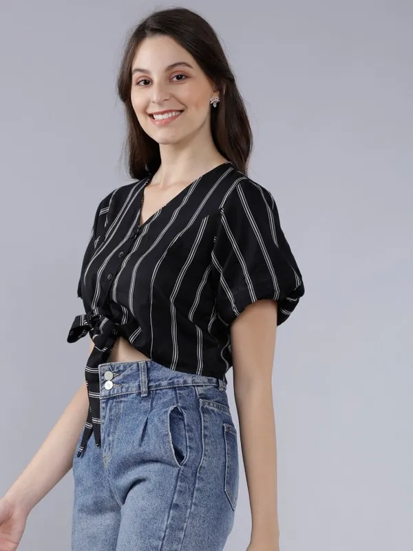  Tokyo Talkies Women Black Striped Regular Tops