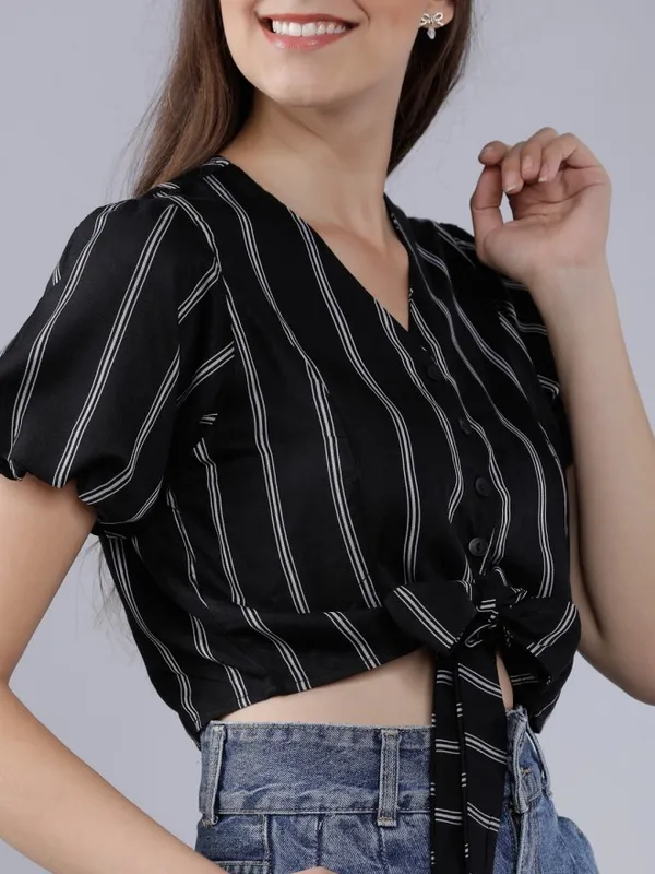  Tokyo Talkies Women Black Striped Regular Tops