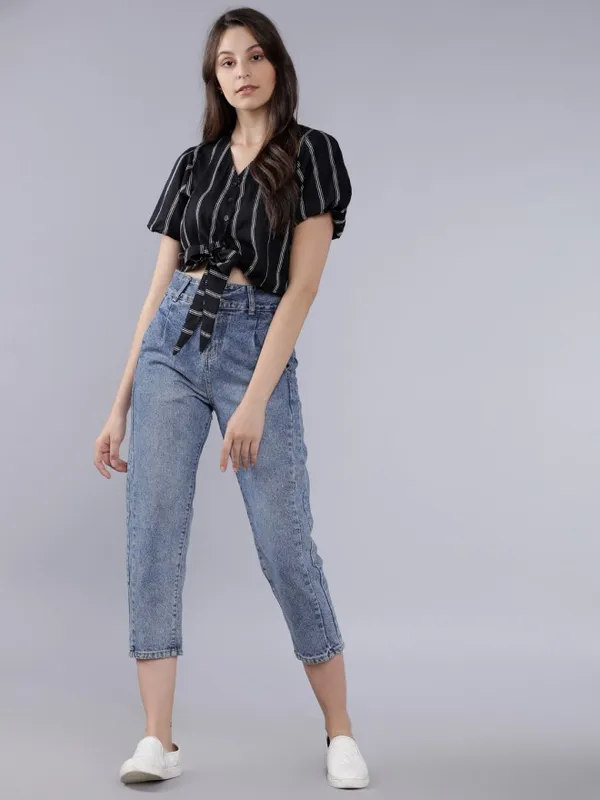  Tokyo Talkies Women Black Striped Regular Tops