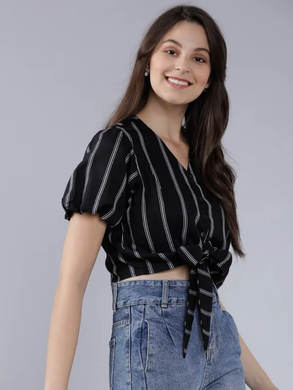  Tokyo Talkies Women Black Striped Regular Tops