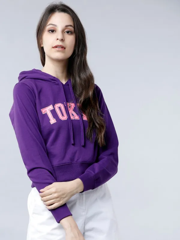  Tokyo Talkies Women Purple Printed Pullover Hood Sweatshirts