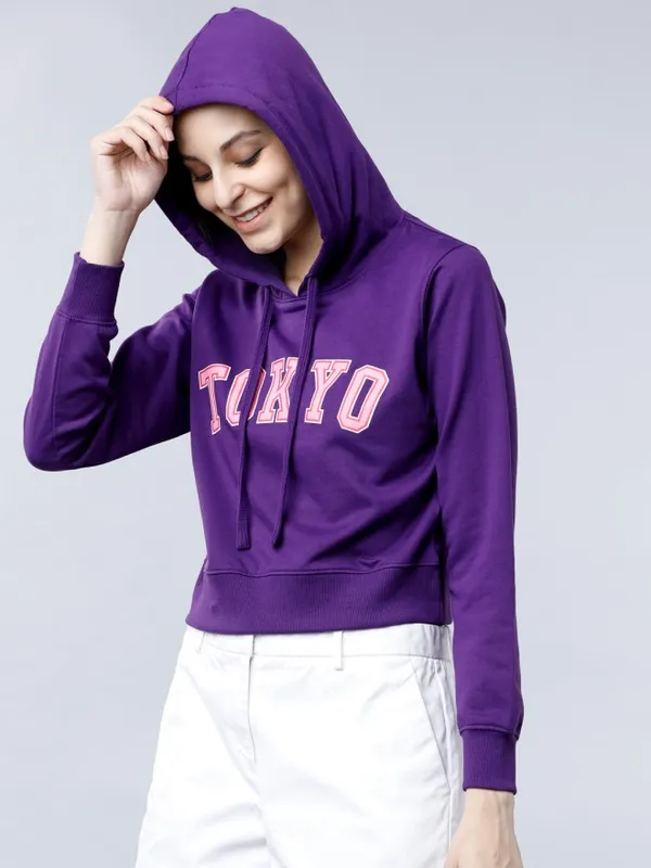  Tokyo Talkies Women Purple Printed Pullover Hood Sweatshirts