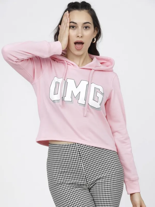  Tokyo Talkies Women Pink Printed Pullover Hood Sweatshirts