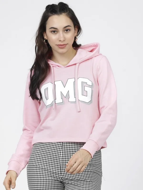  Tokyo Talkies Women Pink Printed Pullover Hood Sweatshirts