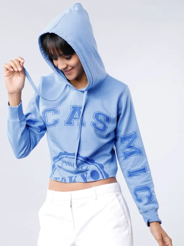  Tokyo Talkies Women Blue Solid Pullover Hood Sweatshirts