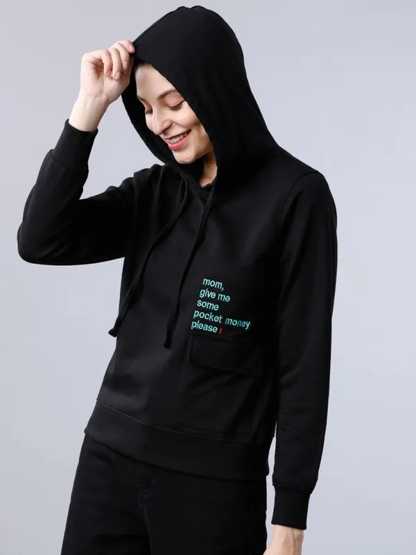  Tokyo Talkies Women Black Printed Pullover Hood Sweatshirts