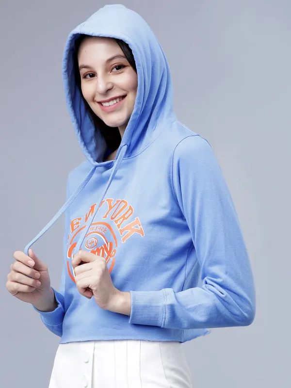  Tokyo Talkies Women Blue Printed Pullover Hood Sweatshirts