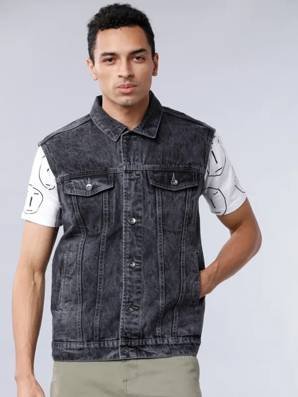  Locomotive Men Grey Solid Denim Jacket Jackets