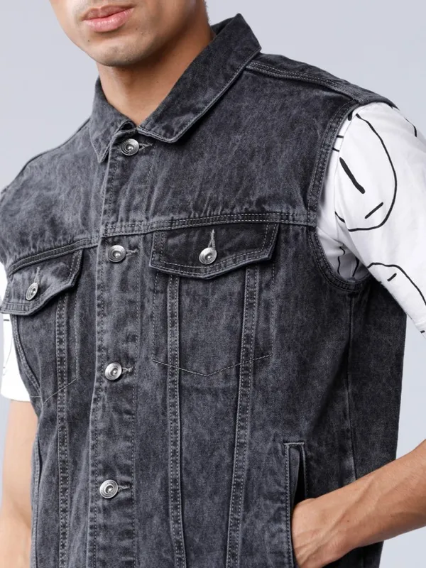  Locomotive Men Grey Solid Denim Jacket Jackets