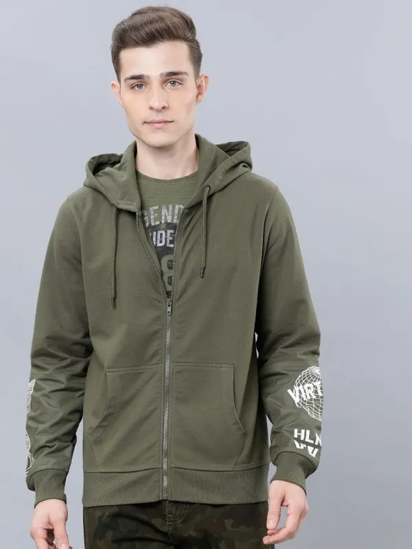  Highlander Men Olive Hood Front-Open Sweatshirts