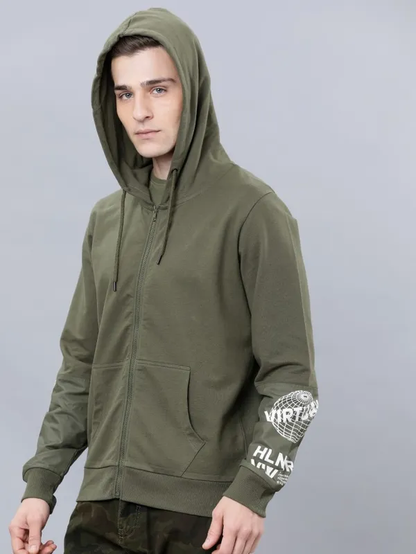  Highlander Men Olive Hood Front-Open Sweatshirts