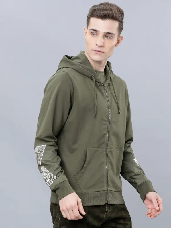  Highlander Men Olive Hood Front-Open Sweatshirts