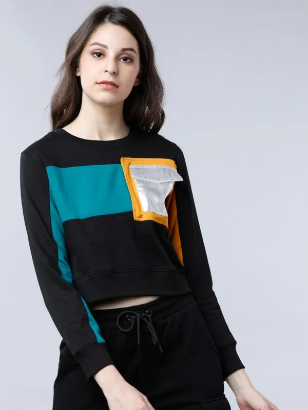  Tokyo Talkies Women Teal Colourblocked Pullover Round Neck Sweatshirts