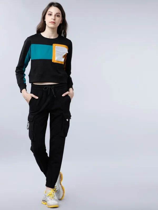  Tokyo Talkies Women Teal Colourblocked Pullover Round Neck Sweatshirts