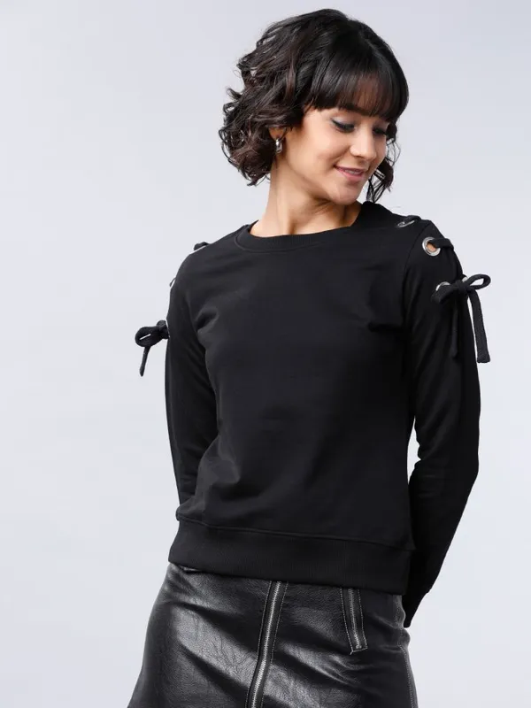  Tokyo Talkies Women Black Solid Pullover Round Neck Sweatshirts