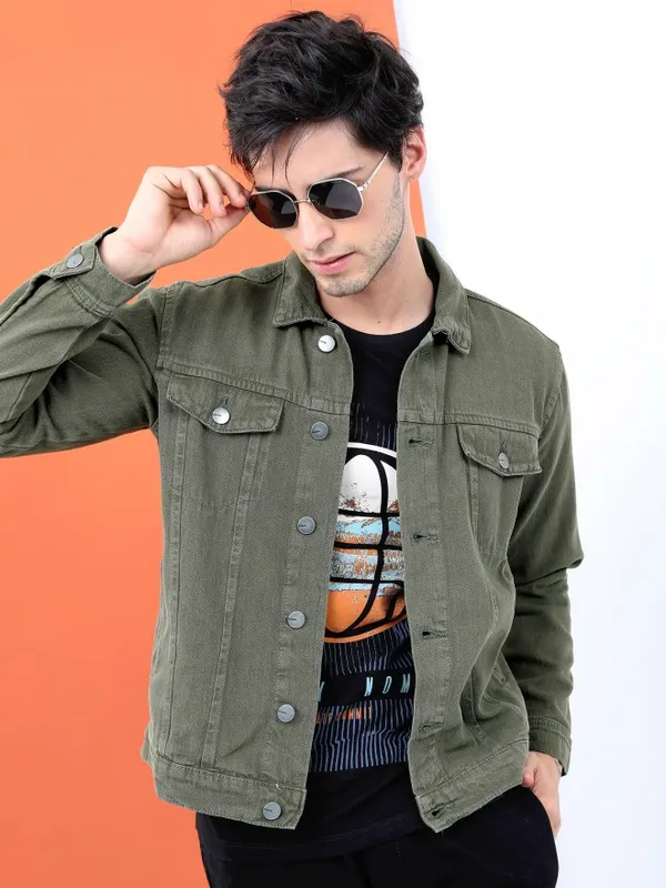Highlander Men Green Solid Denim Jacket