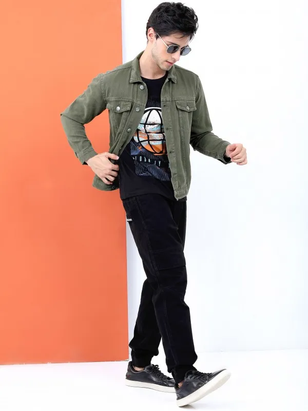 Highlander Men Green Solid Denim Jacket