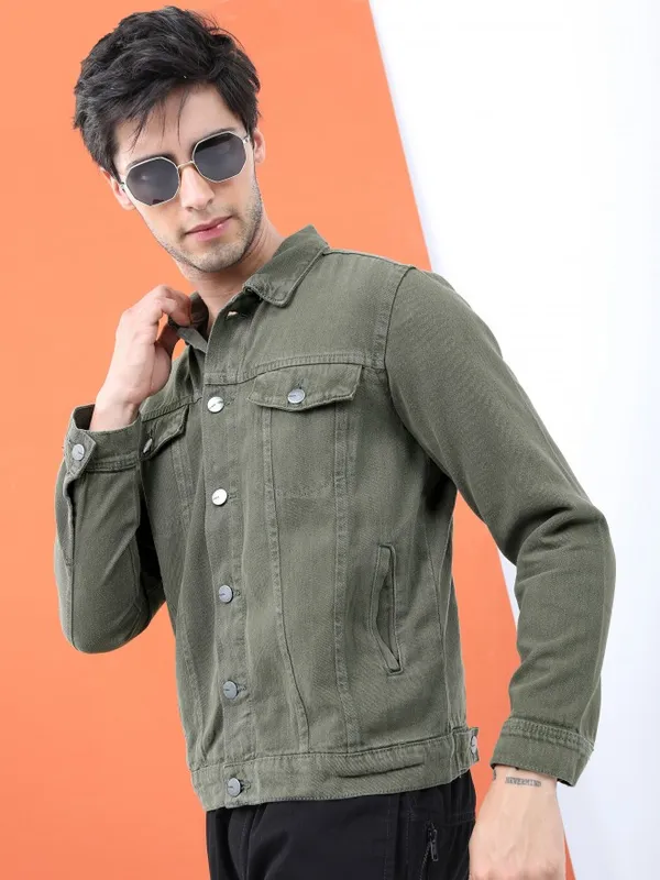 Highlander Men Green Solid Denim Jacket