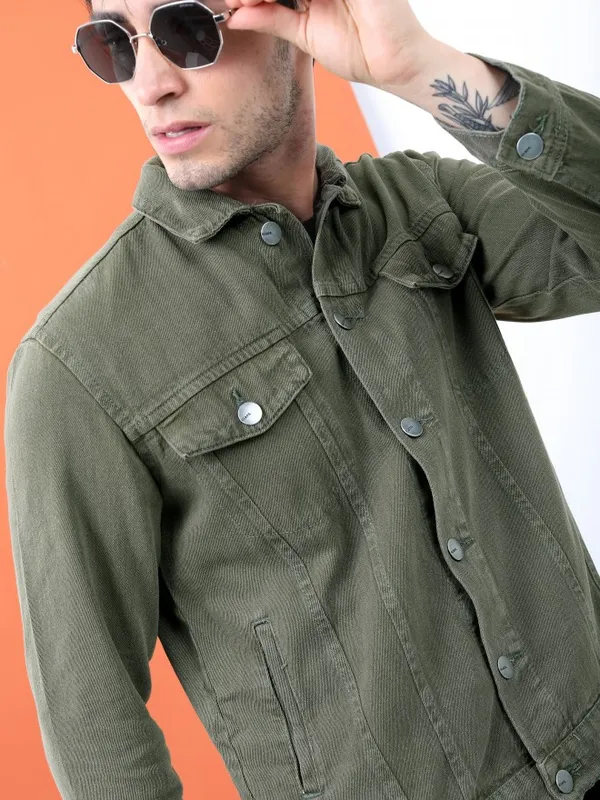 Highlander Men Green Solid Denim Jacket