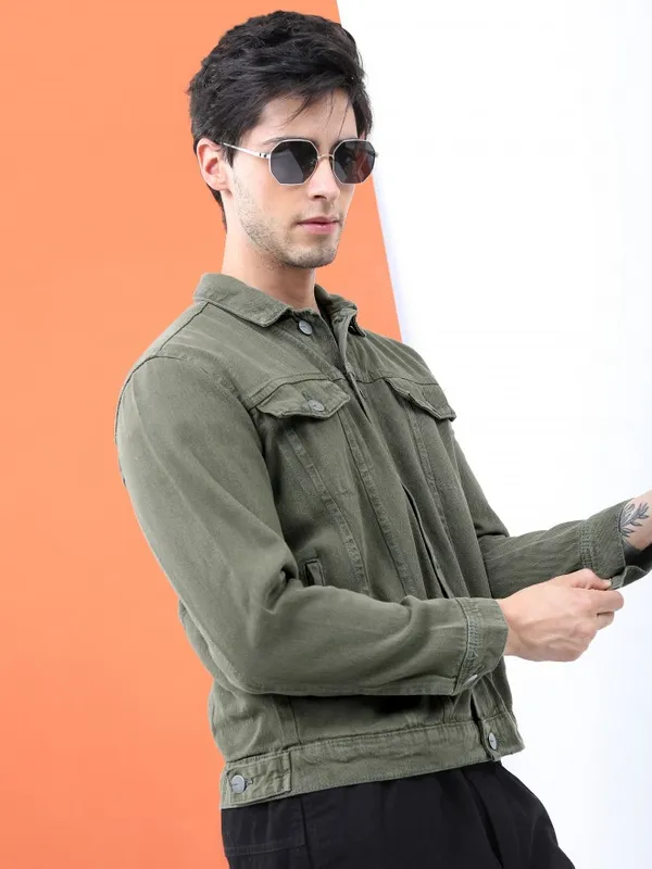Highlander Men Green Solid Denim Jacket