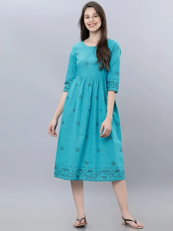  Vishudh Women Turquoise Checked A-Line Ethnic Dresses
