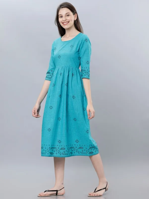  Vishudh Women Turquoise Checked A-Line Ethnic Dresses