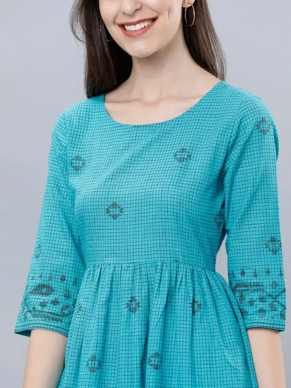  Vishudh Women Turquoise Checked A-Line Ethnic Dresses