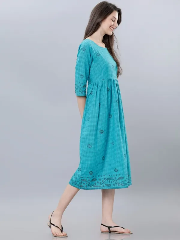  Vishudh Women Turquoise Checked A-Line Ethnic Dresses