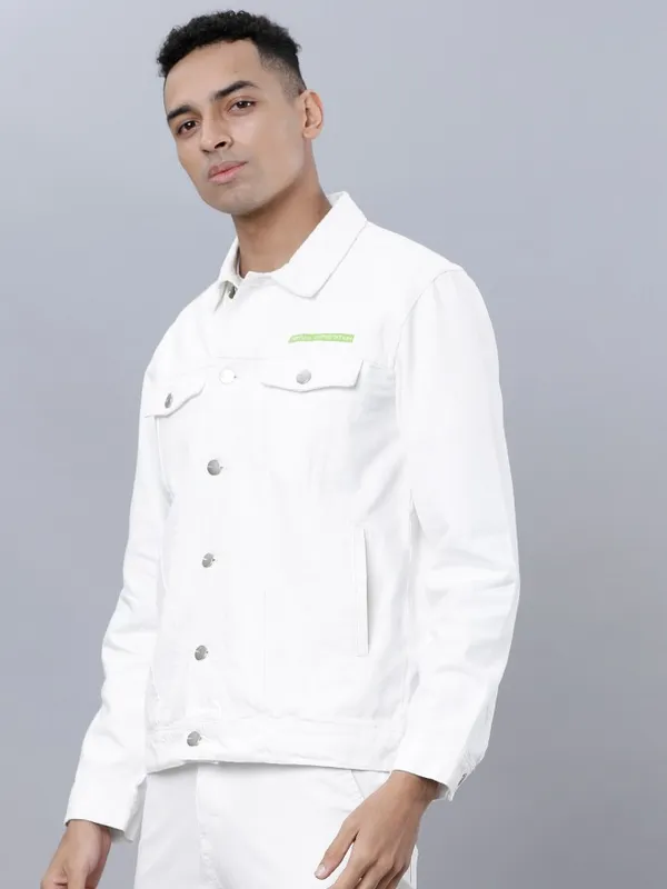 Highlander Men White Solid Denim Jacket