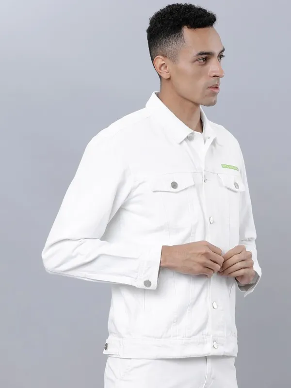 Highlander Men White Solid Denim Jacket