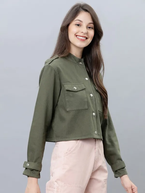  Tokyo Talkies Women Olive Denim Jacket Jackets