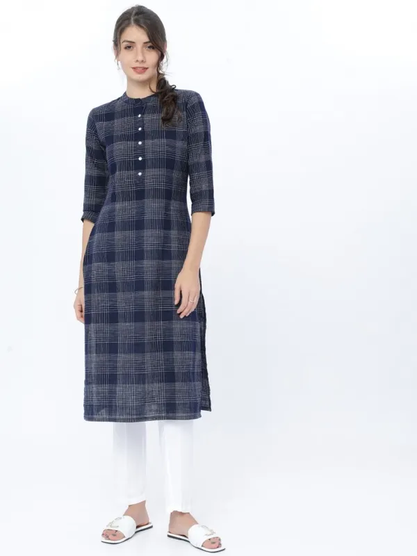  Vishudh Women Navy Blue Checked Straight Kurtas