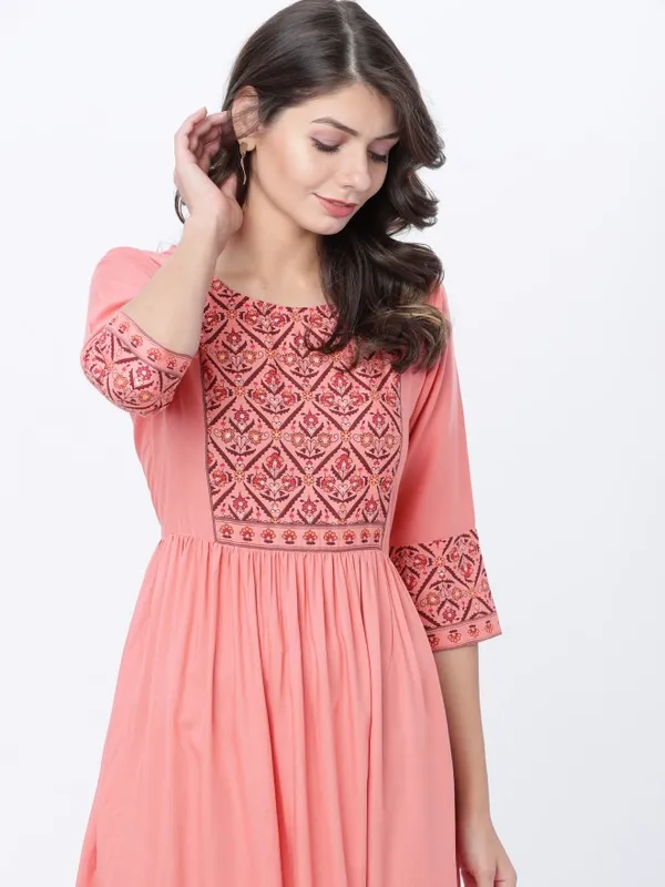  Vishudh Women Peach Printed A-Line Ethnic Dresses