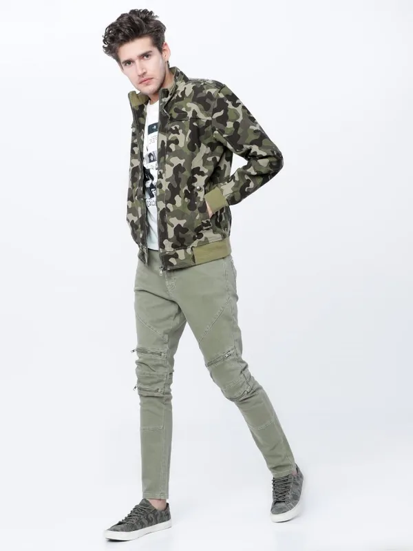  Highlander Men Olive Solid Bomber Jackets