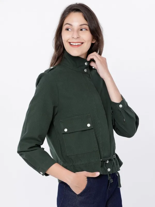  Tokyo Talkies Women Olive Open Front Jacket Jackets