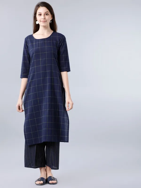  Vishudh Women Navy Blue Checked Kurta Sets