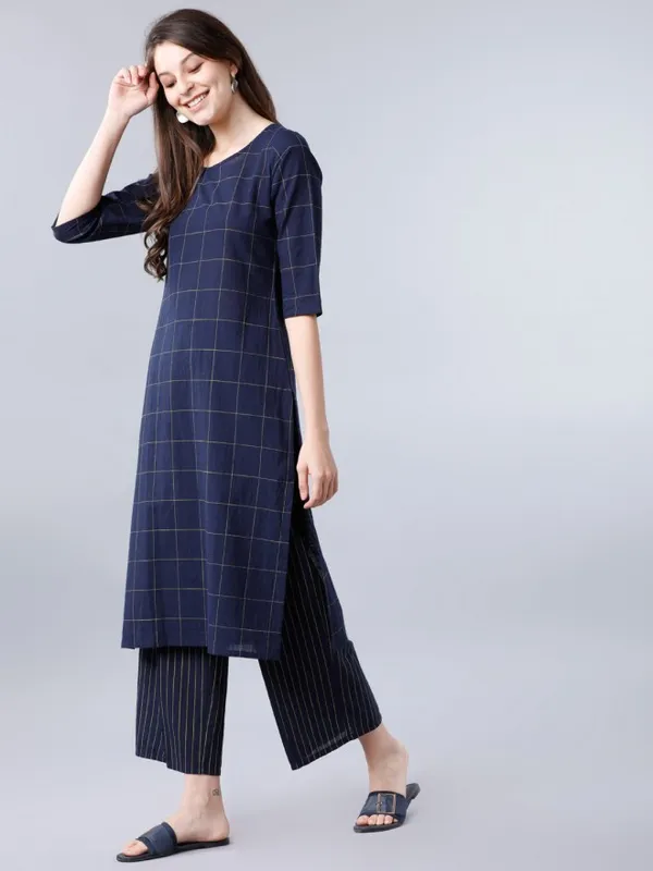  Vishudh Women Navy Blue Checked Kurta Sets