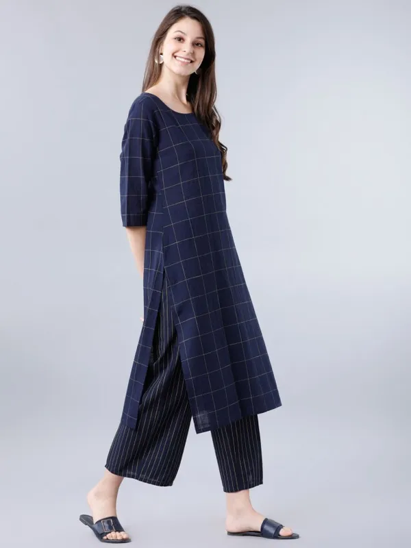  Vishudh Women Navy Blue Checked Kurta Sets