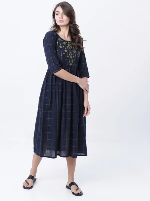  Vishudh Women Navy Blue Checked A-Line Ethnic Dresses