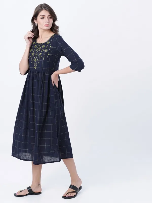  Vishudh Women Navy Blue Checked A-Line Ethnic Dresses